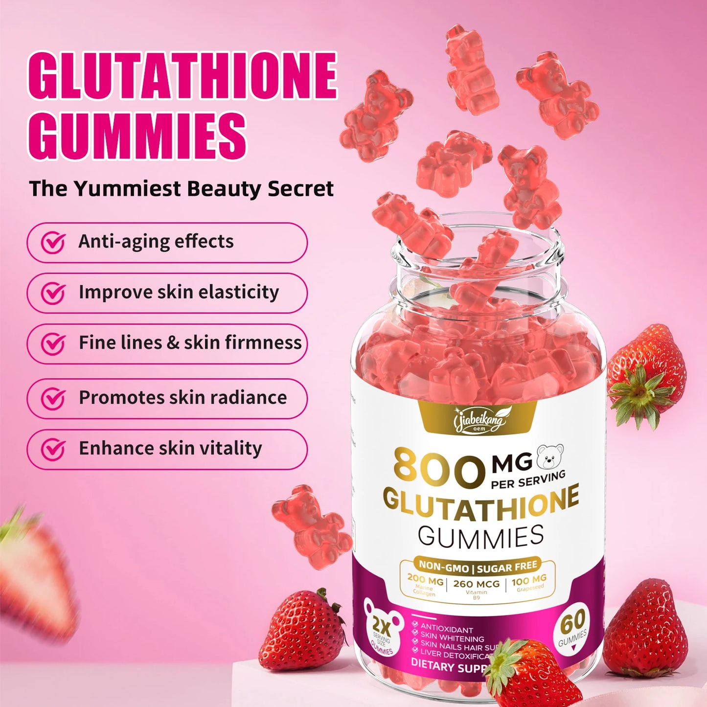 Glutathione Gummies Antioxidant Support with Collagen & Vitamin C Strawberry Flavor 60 Count Private Label Supplement