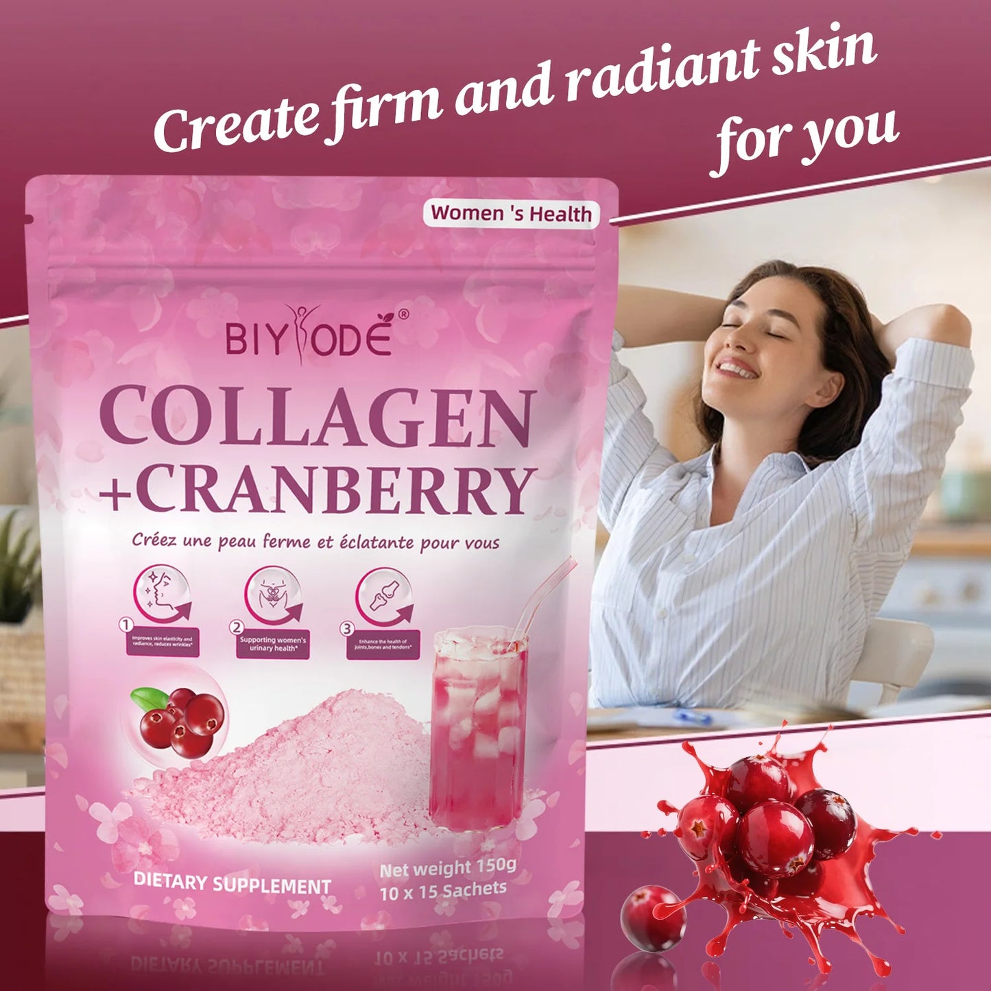 Custom Formula Collagen + Cranberry Powder for Women Beauty & Joint Support Sachet Drink Supplement OEM ODM Factory Supply