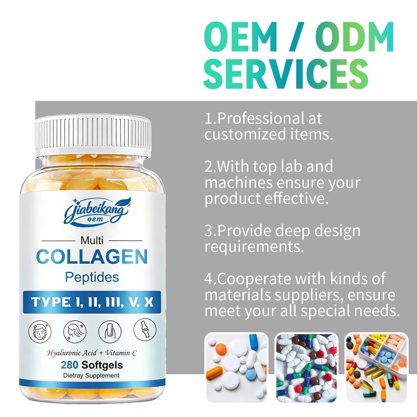 OEM Multi Collagen Peptides Softgels with Hyaluronic Acid Biotin and Vitamin C Daily Beauty Support Supplement