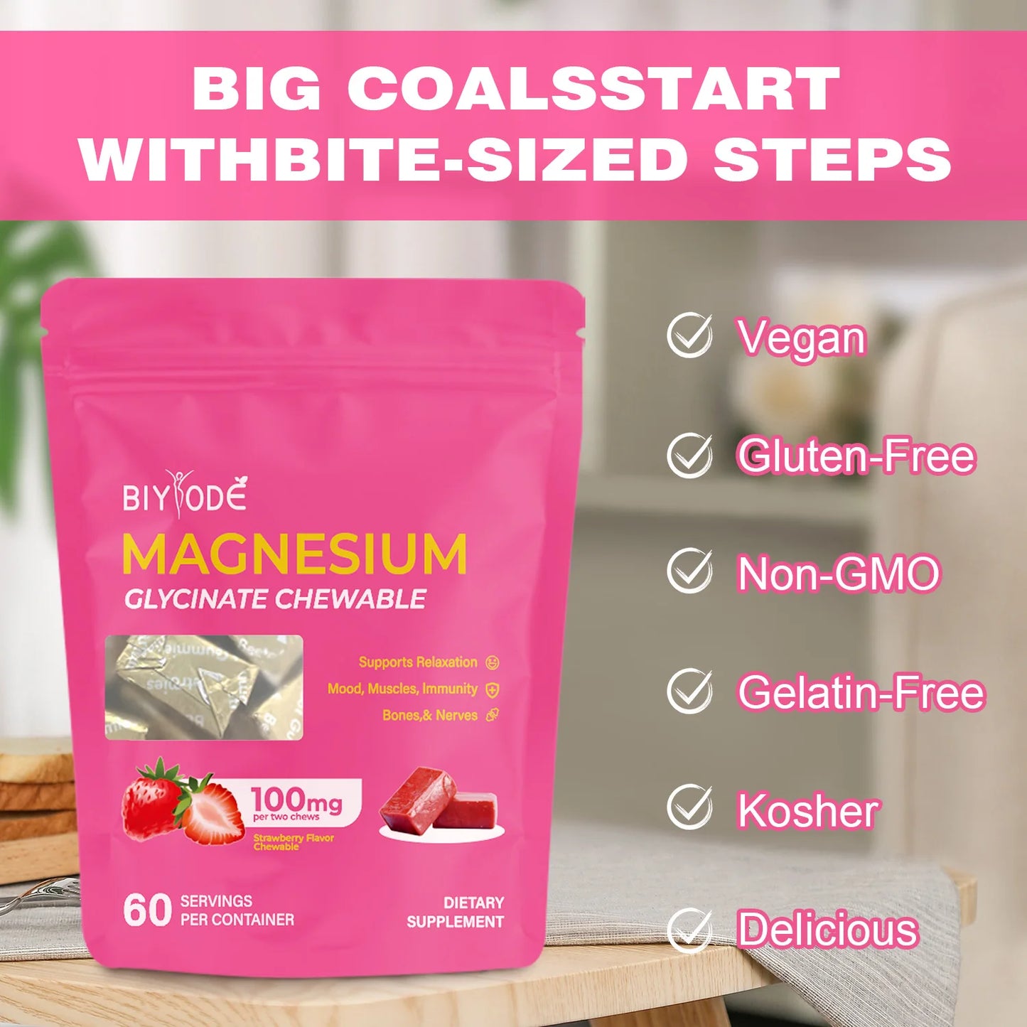 Custom Magnesium Glycinate Chewable Supplement 100mg per Serving Strawberry Taste Vegan & Gluten Free