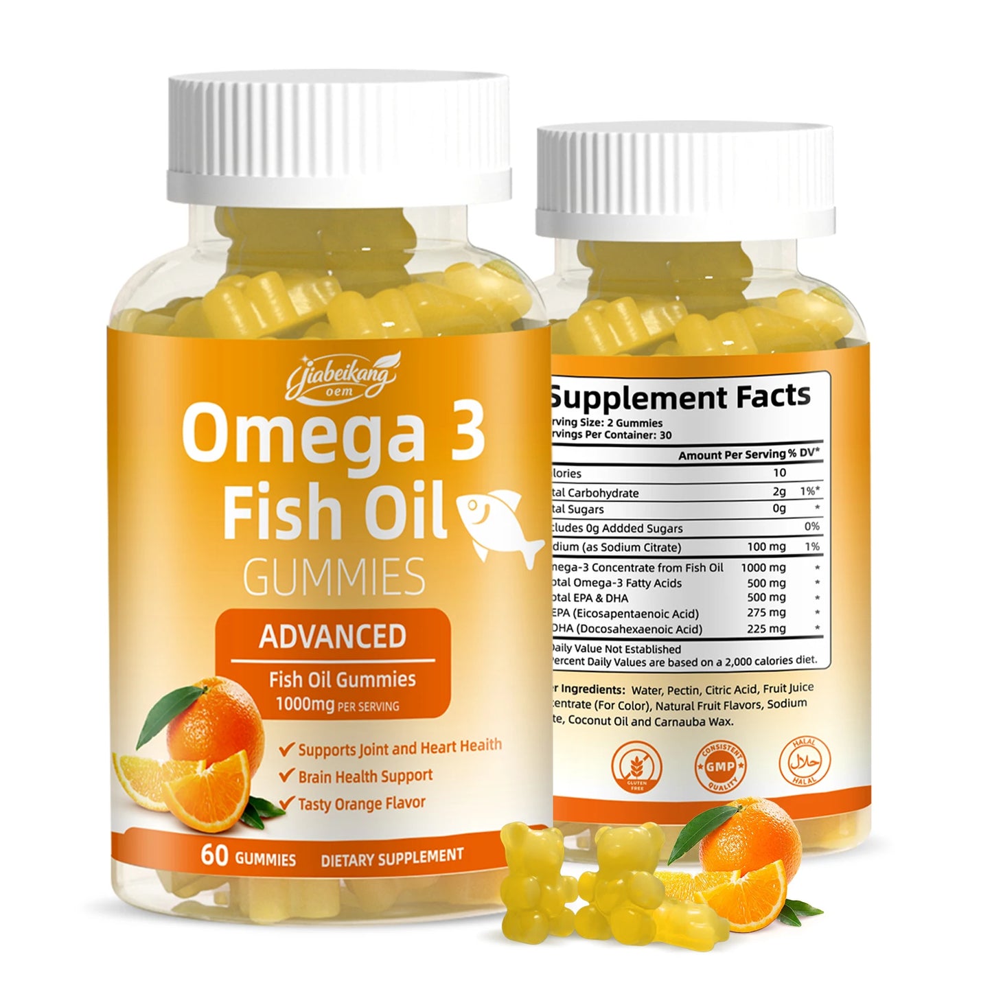 Omega 3 Fish Oil Gummies EPA DHA 500mg High Potency Support Heart Brain Wellness Sugar Free Orange Flavor 60 Gummies