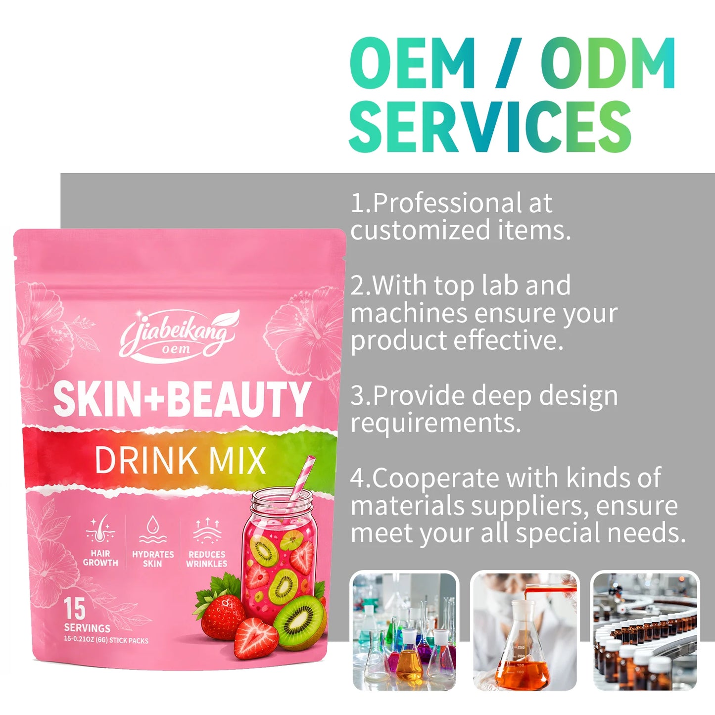 OEM Private Label 2 in 1 Beauty Drink Powder Stick with Collagen Peptides Hyaluronic Acid Biotin Vitamin C Daily Beauty Support