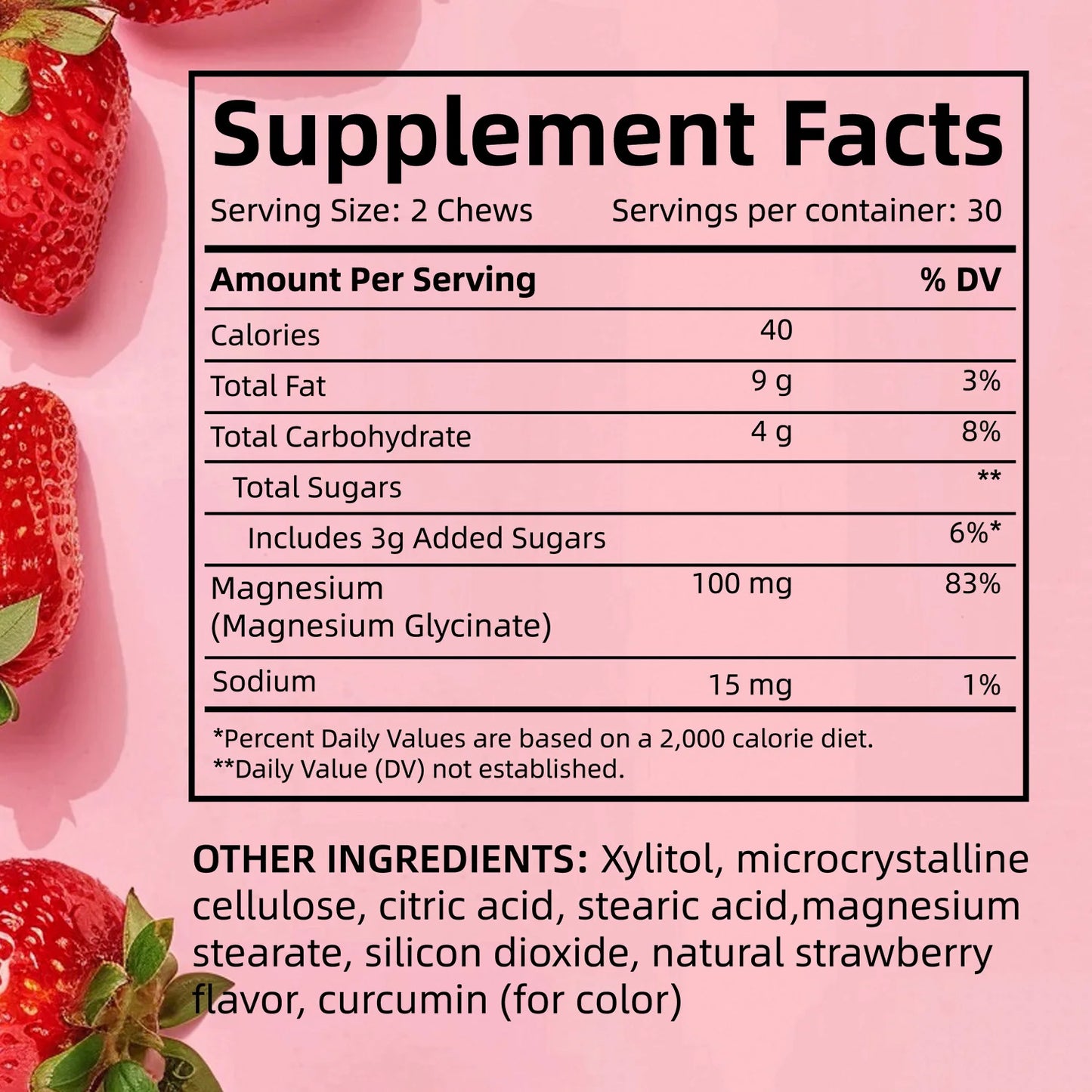 Custom Magnesium Glycinate Chewable Supplement 100mg per Serving Strawberry Taste Vegan & Gluten Free