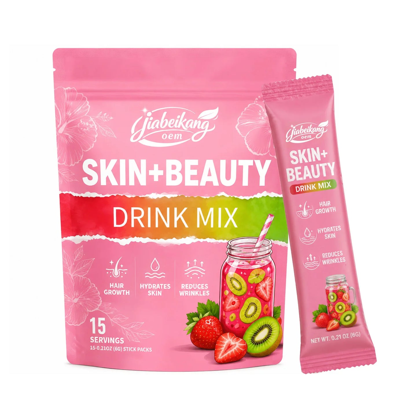 OEM Private Label 2 in 1 Beauty Drink Powder Stick with Collagen Peptides Hyaluronic Acid Biotin Vitamin C Daily Beauty Support