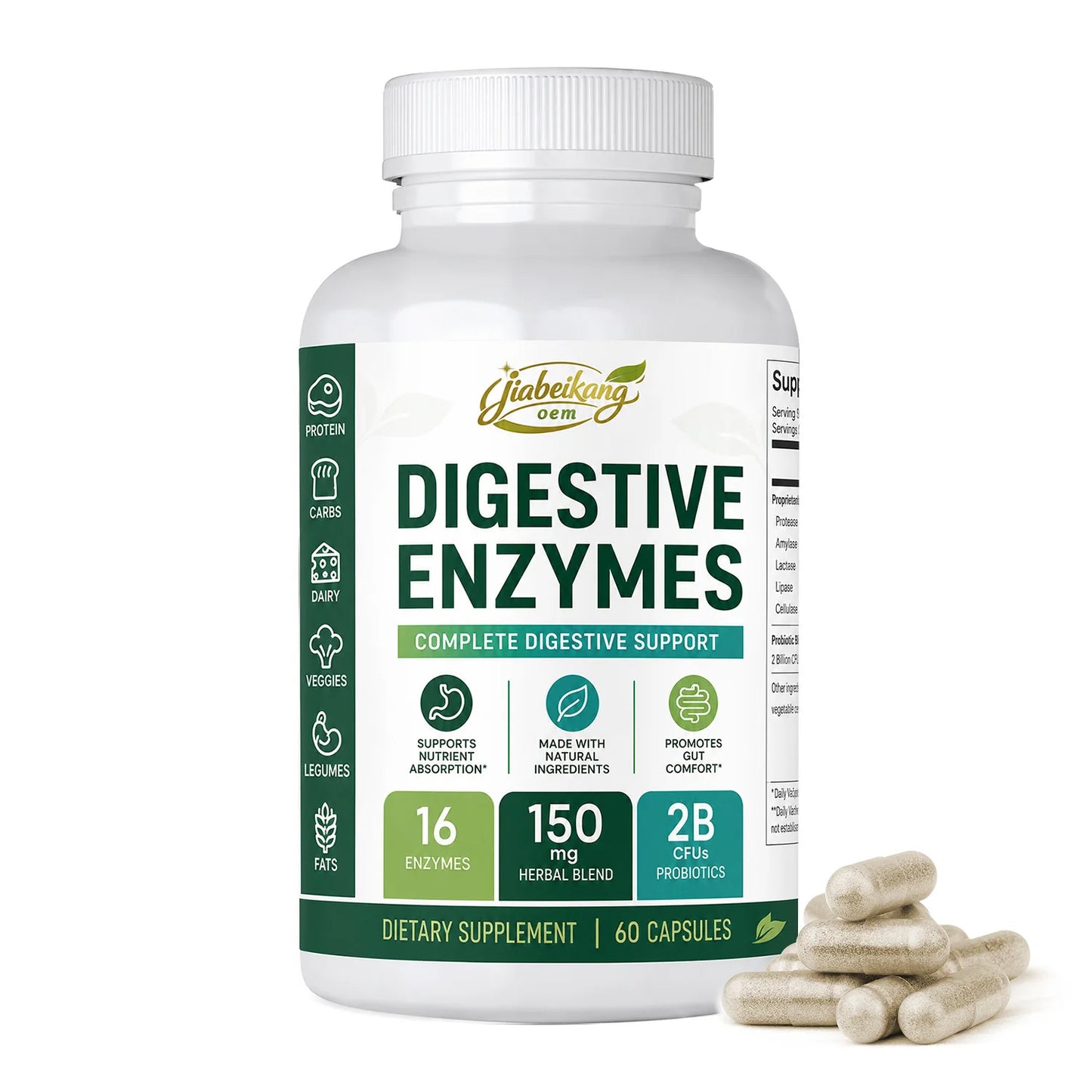 Custom Private Label Digestive Enzymes Capsules with Probiotic Blend and Herbal Complex Vegan Digestive Wellness Manufacturer