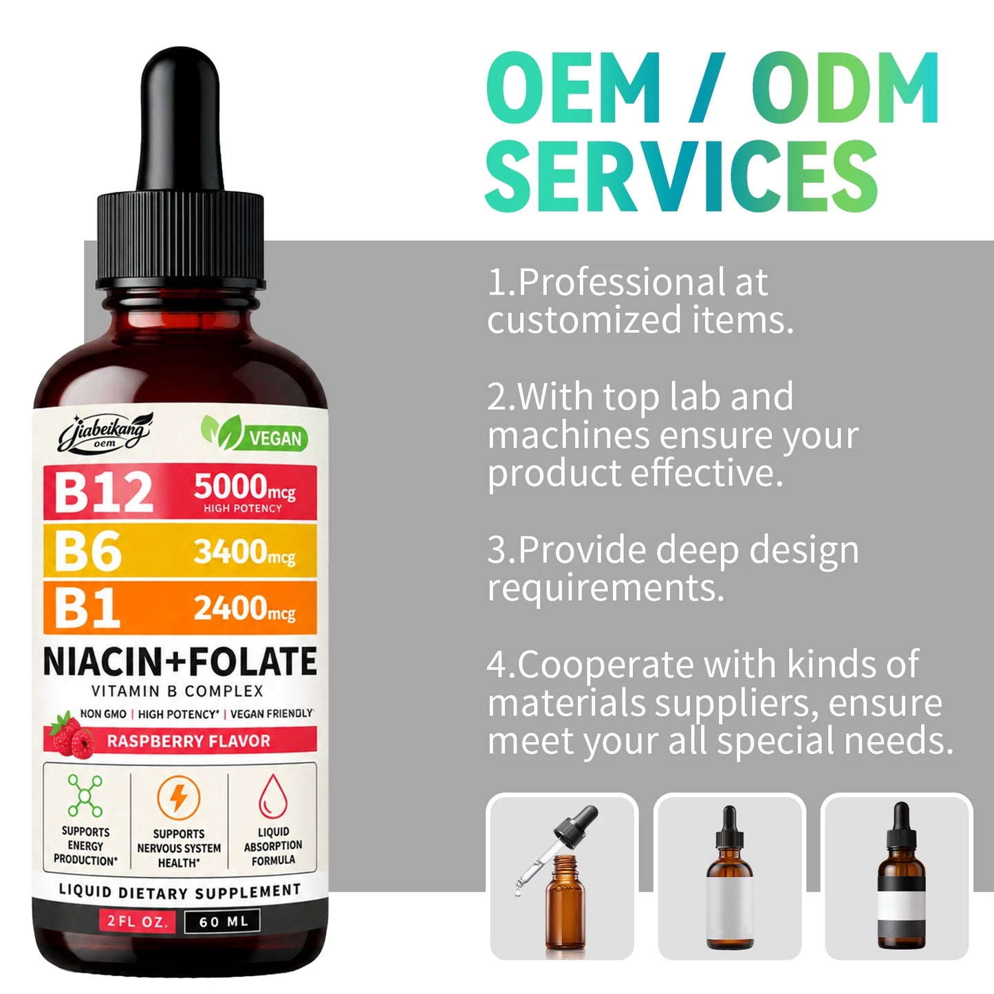 Custom Private Label Vitamin B12 B Complex Liquid Drops with B6 B1 Folate Vegan Raspberry Flavor 60ml Supplement