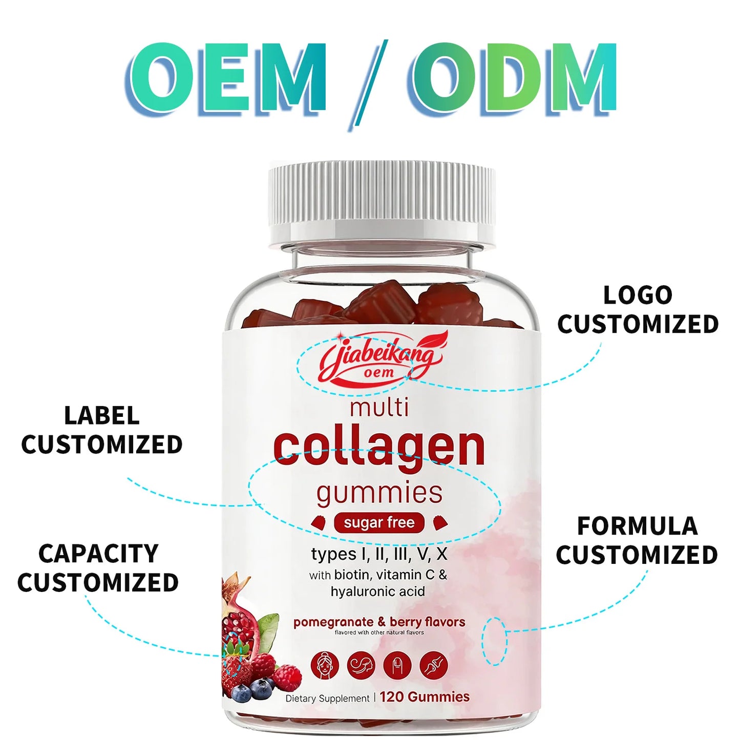 OEM 8 in 1 Multi Collagen Gummies with Hyaluronic Acid Biotin and Vitamin C Pomegranate Berry Flavor