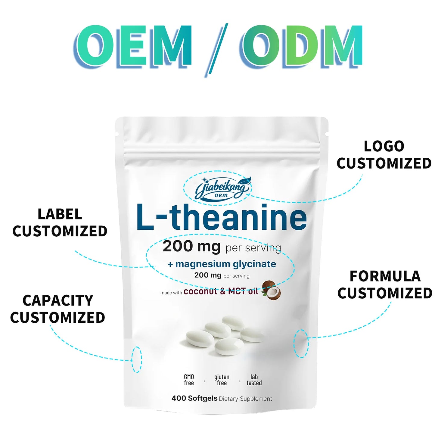 Private Label L-Theanine Magnesium Glycinate Softgels 2 in 1 Amino Acid Mineral Formula Coconut MCT Oil Supplement Manufacturer