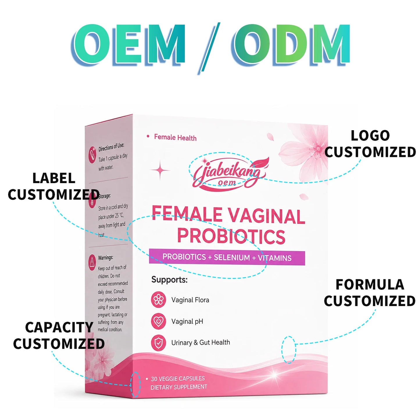 Private Label Women's Probiotic Capsules 10 Billion CFU Multi Strain Feminine Wellness Supplement with Vitamins Folate Selenium