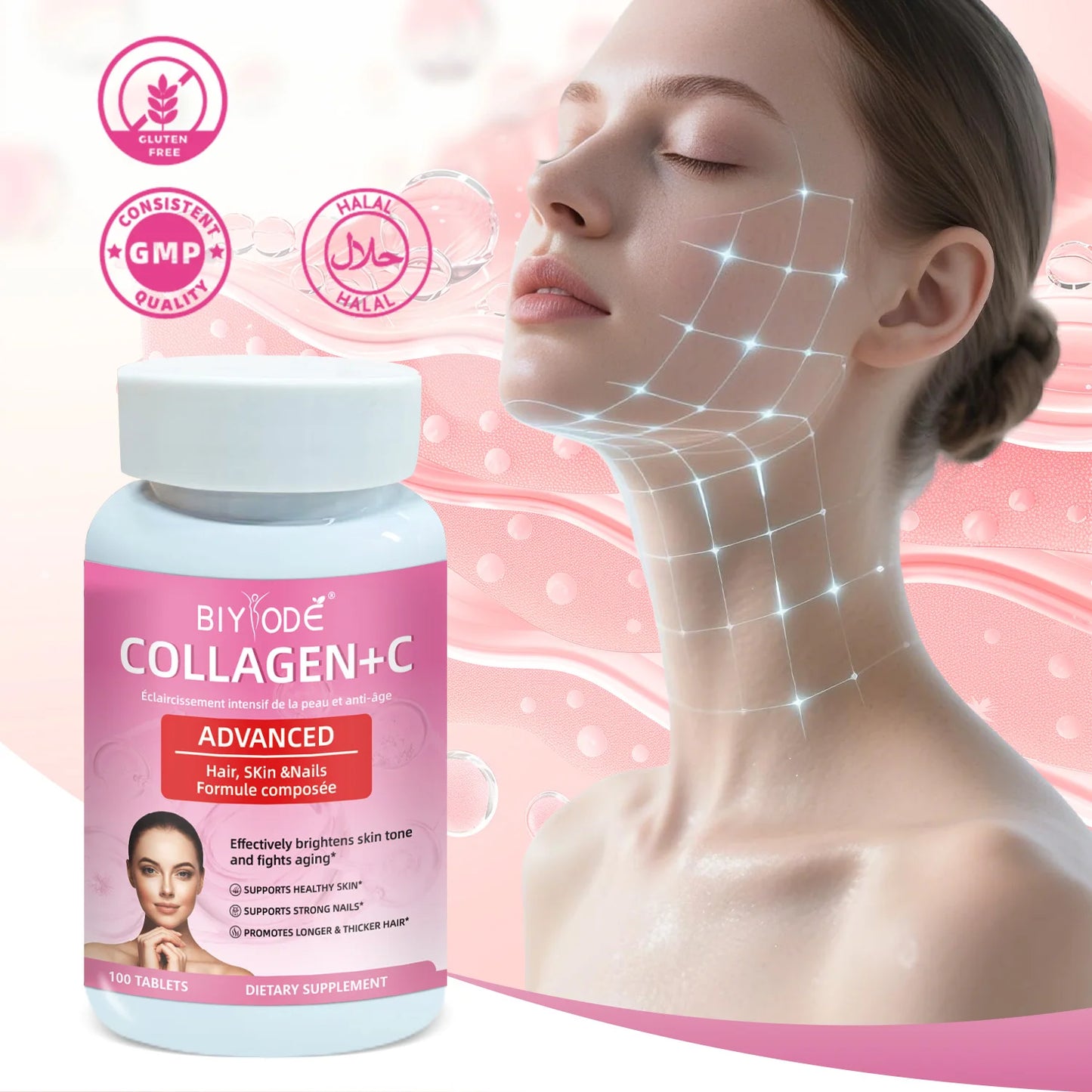 Collagen + Vitamin C Hair Skin Nails Tablets Skin Brightening OEM Private Label Wholesale