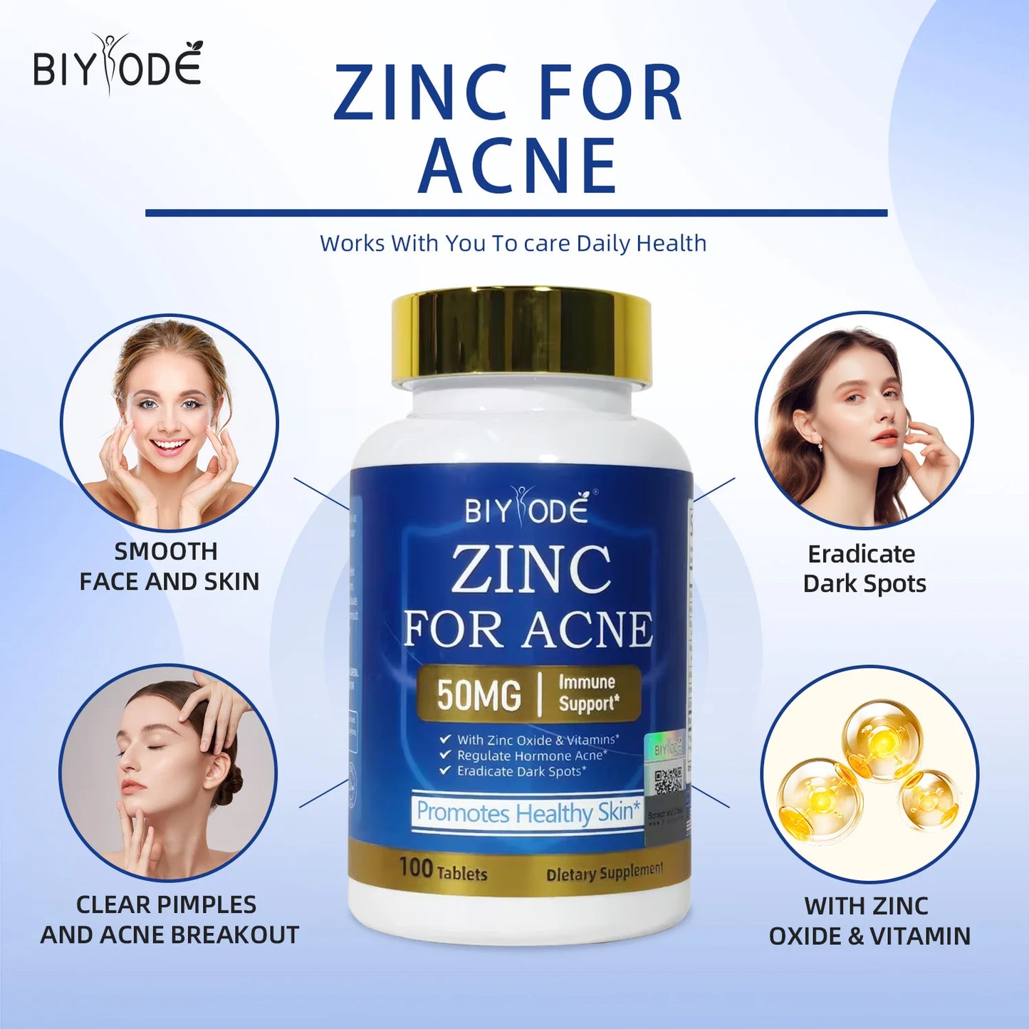 BIYODE High Strength Zinc Supplement for Skin Support Advanced with Multi-Vitamin Formula Daily Nutrition Support