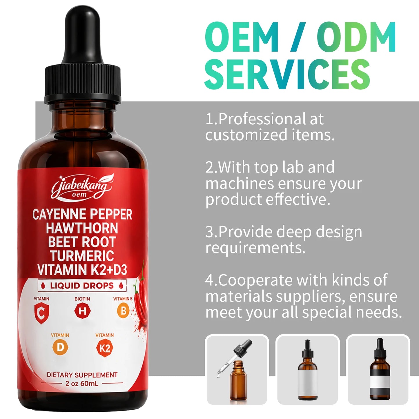 OEM Private Label Cayenne Pepper Liquid Drops with Vitamin D3 K2 Botanical Wellness Supplement Fast Absorbing Formula