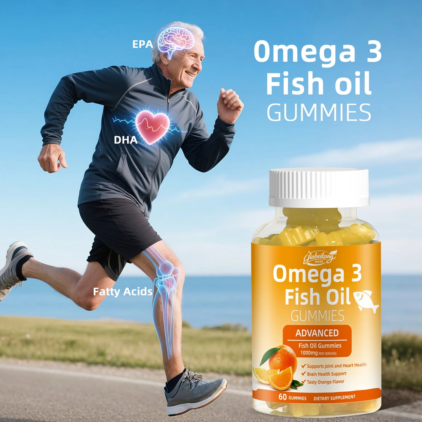 Omega 3 Fish Oil Gummies EPA DHA 500mg High Potency Support Heart Brain Wellness Sugar Free Orange Flavor 60 Gummies