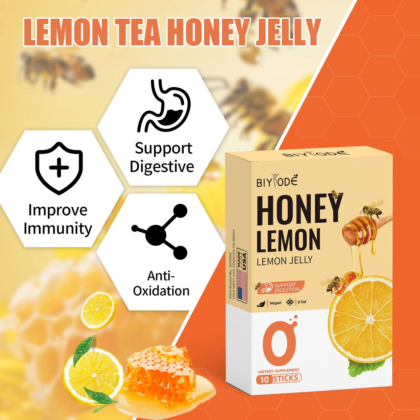 Honey Lemon Jelly Dietary Supplement Vegan 0 Fat Digestive Support Stick OEM Private Label