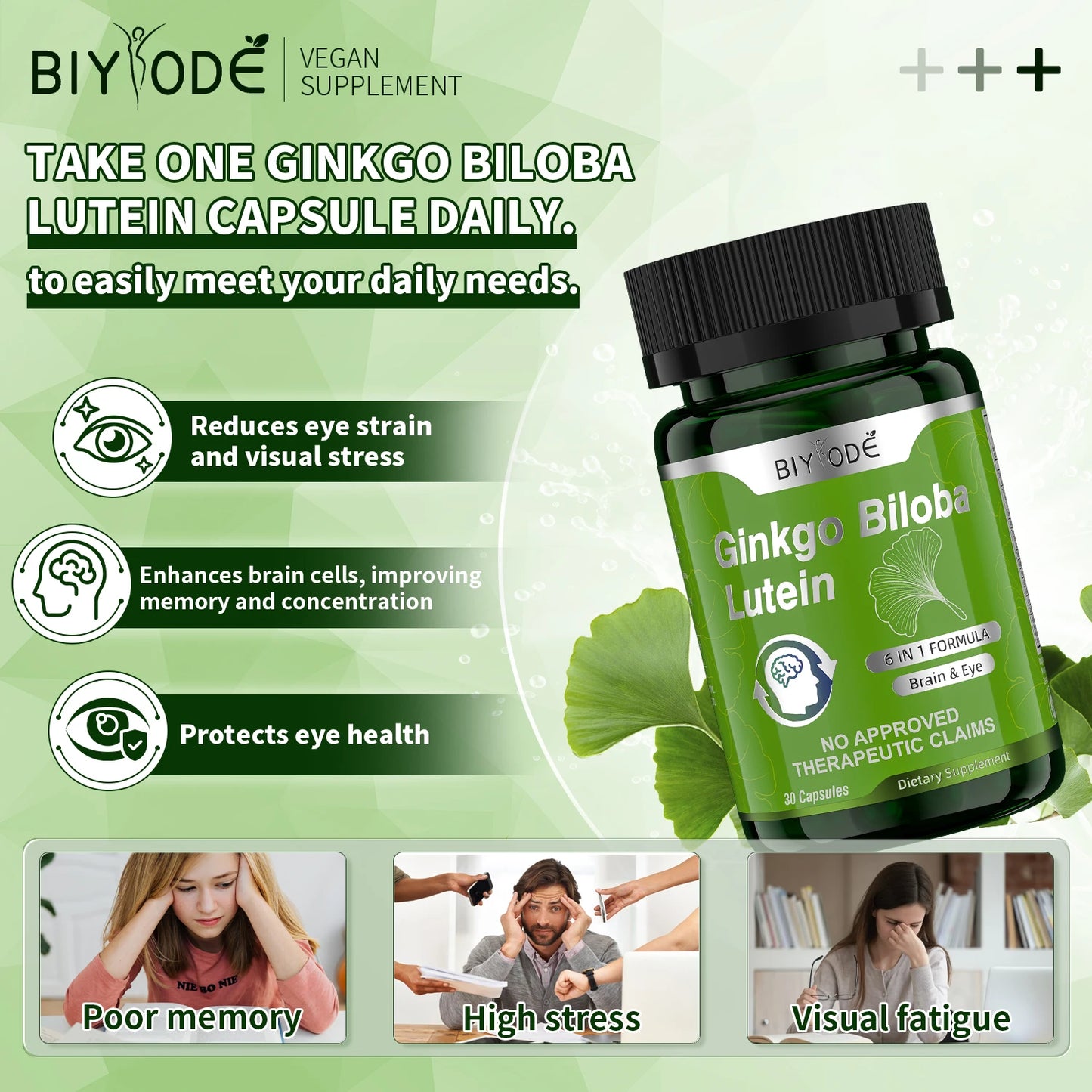 OEM Private Label Ginkgo Biloba Lutein Capsules 6 in 1 Herbal Blend Brain Eye Support Vegan Supplement