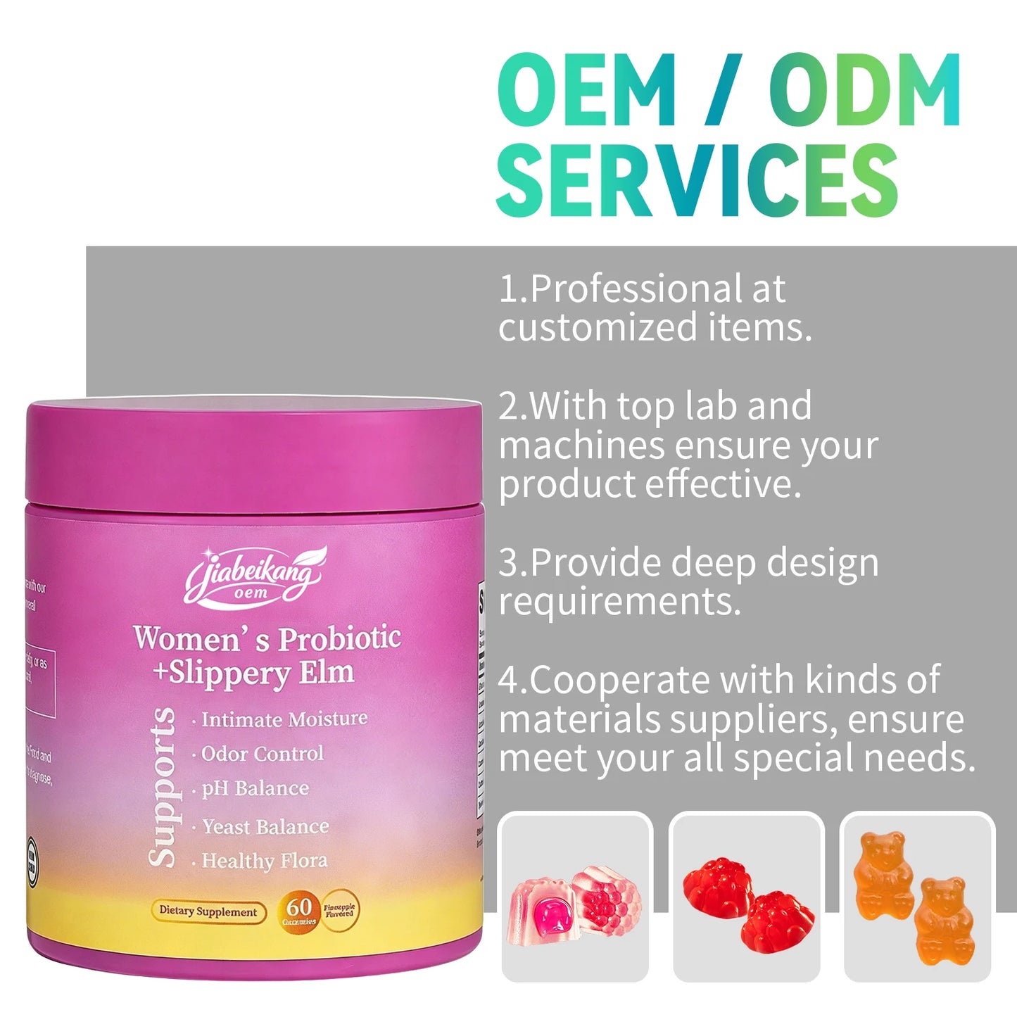 Women's Probiotic Gummies with Slippery Elm & Prebiotic XOS Feminine Balance Support OEM Private Label Supplement