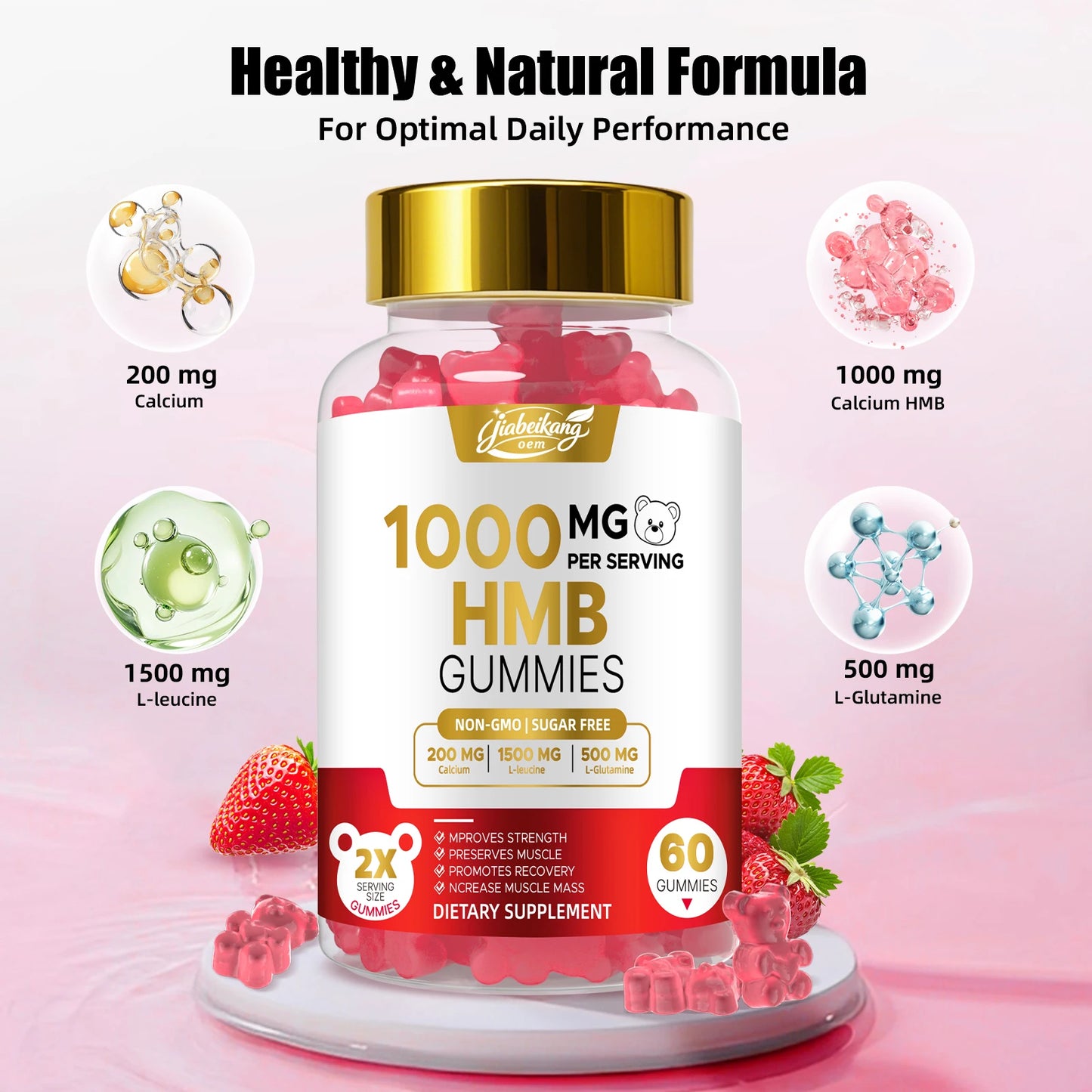 Custom HMB Gummies with L-Leucine L-Glutamine Muscle Recovery & Endurance Support Chewable Supplement 60 Count Bottle