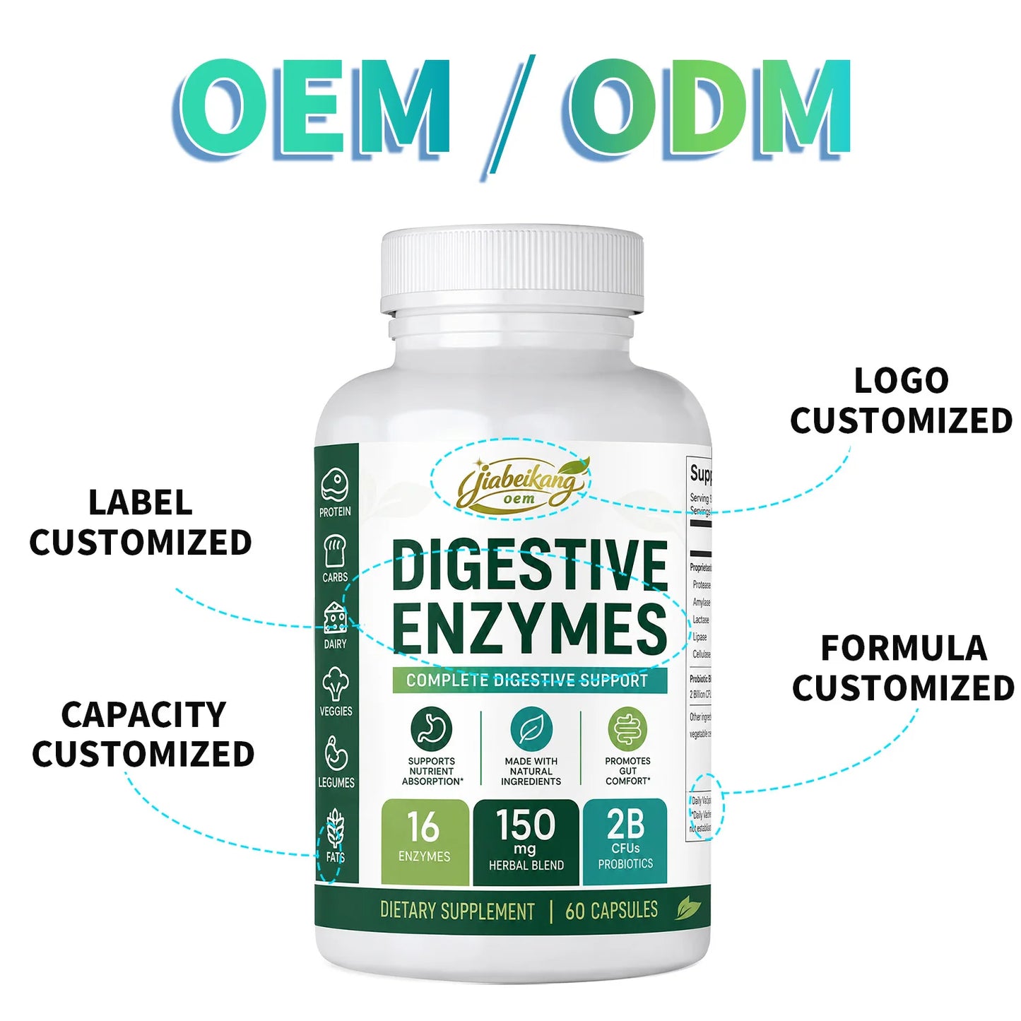 Custom Private Label Digestive Enzymes Capsules with Probiotic Blend and Herbal Complex Vegan Digestive Wellness Manufacturer