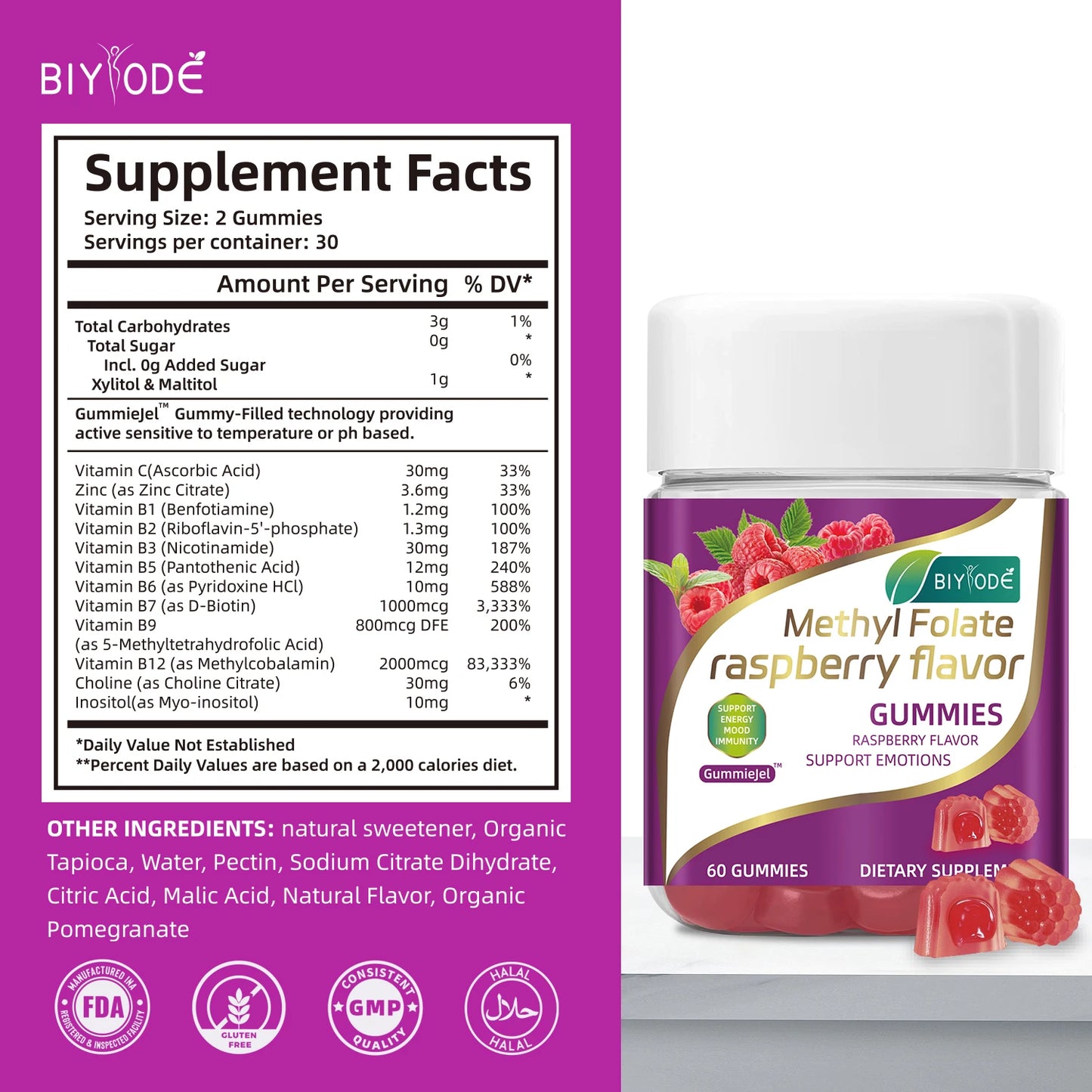 OEM ODM custom private label methyl folate multivitamin supplement raspberry flavor gummies