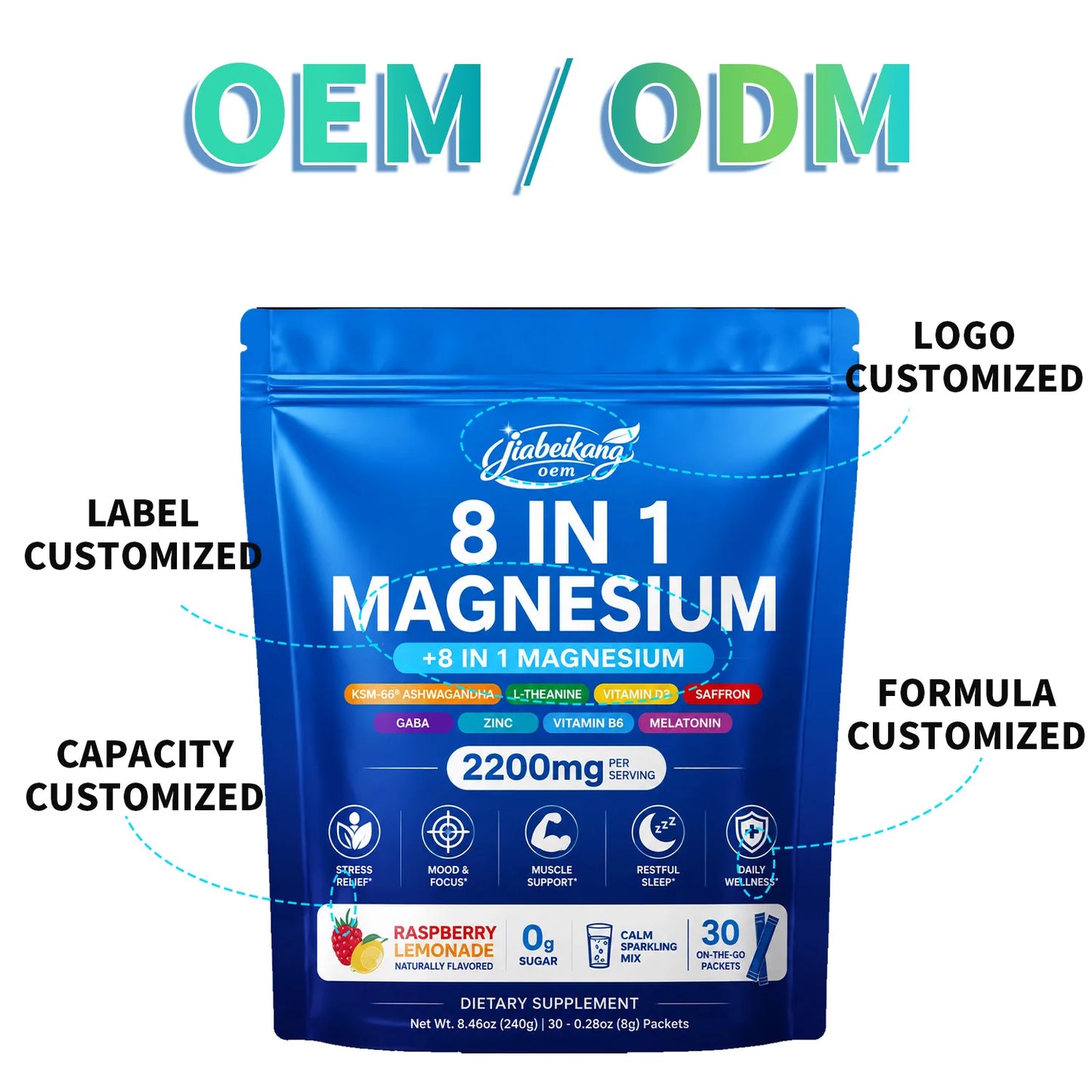 Custom Private Label 8 in 1 Magnesium Powder Drink Mix Multi Source Magnesium Complex With L Theanine Vitamin D3