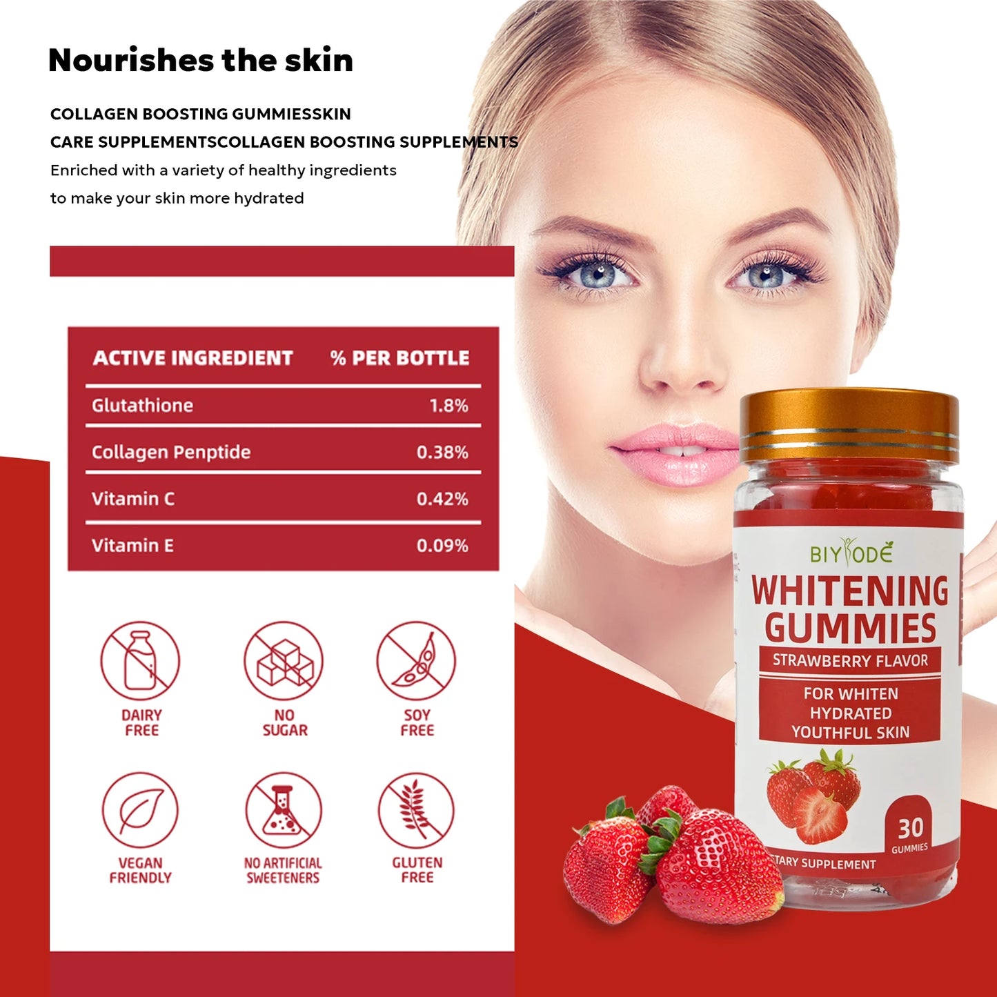 Hot Sale Wholesale Multi Vitamin Supplement Strawberry Flavor Whitening Gummies