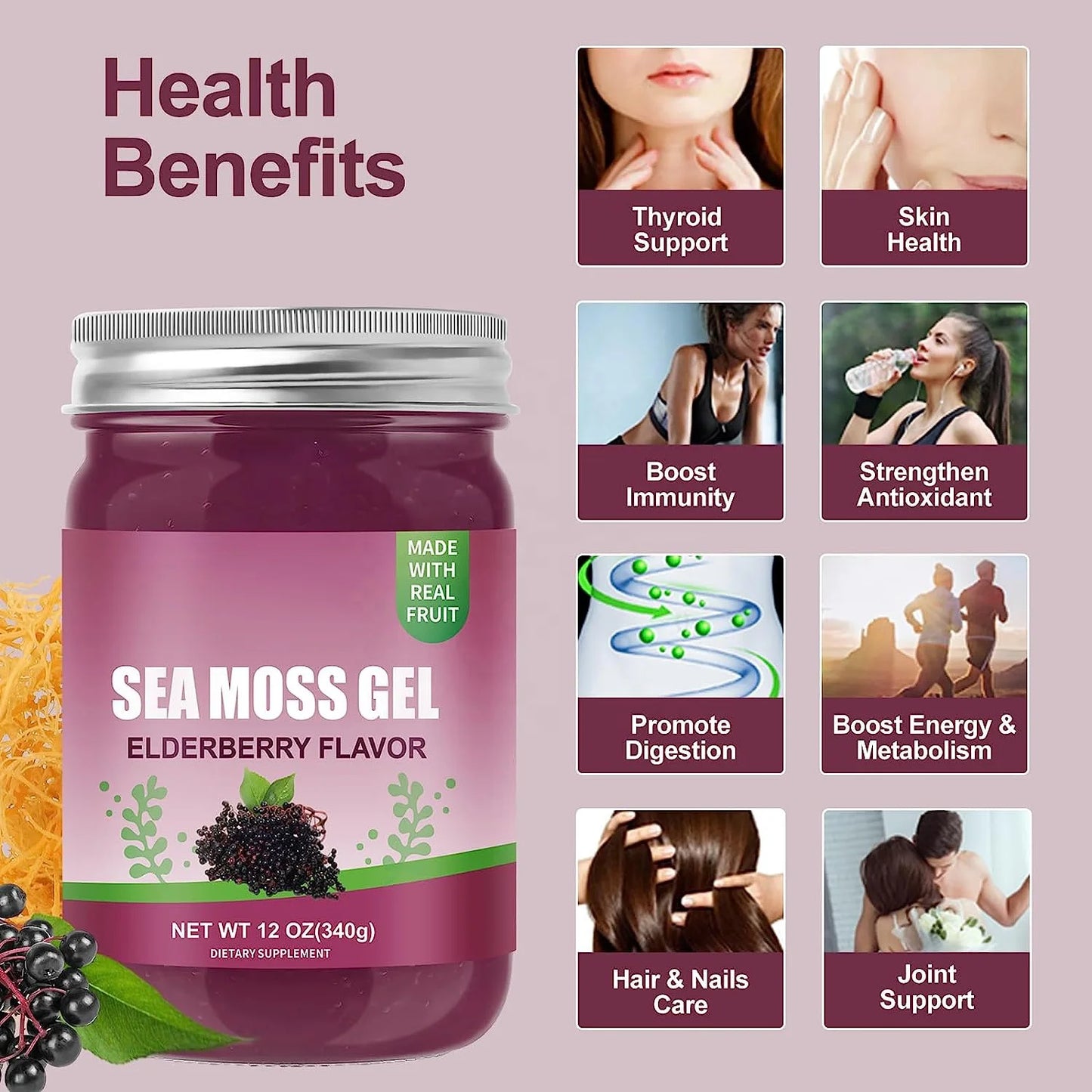 OEM Organic Natural Sea Moss Gel Elderberry Flavor slimming Hair and Skin Support Jam