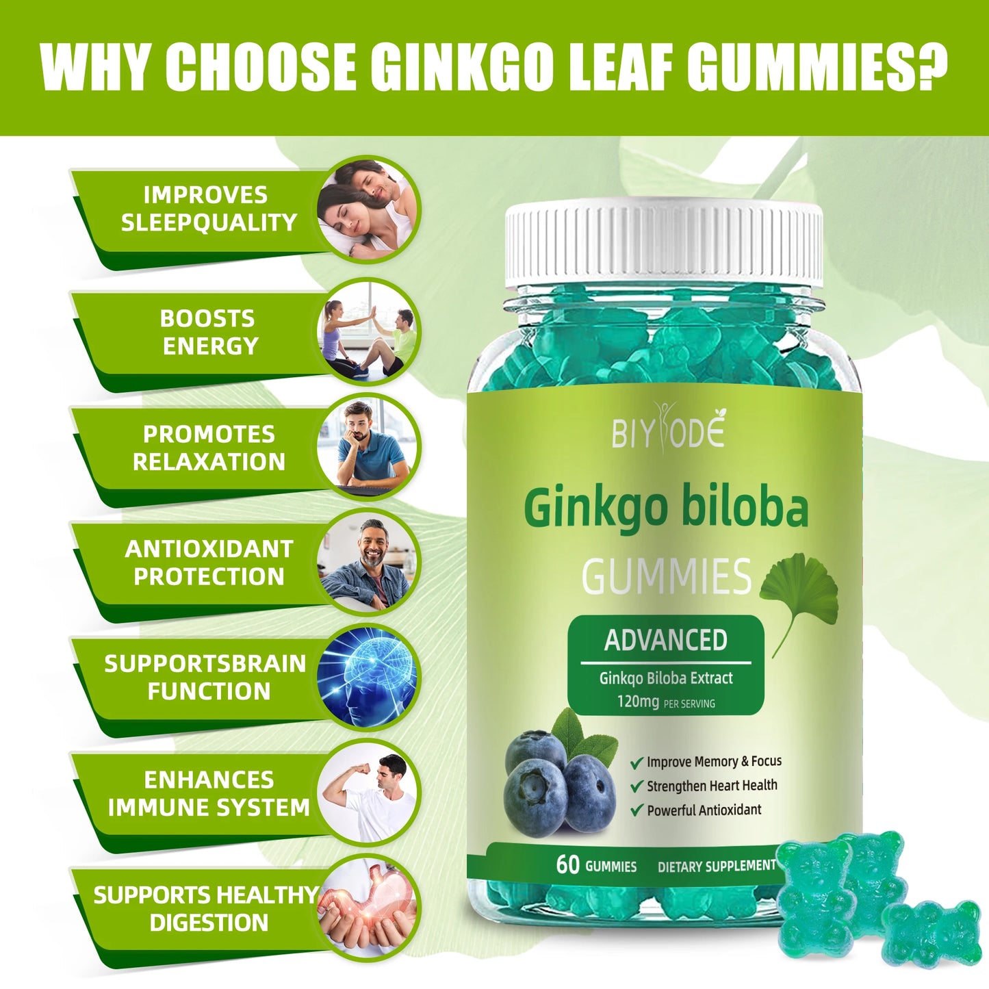 Jiabeikang Factory OEM ODM Custom Ready Stock Wholesale Herbal Supplement Memory and Focus Heart Health Ginkgo Biloba Gummies