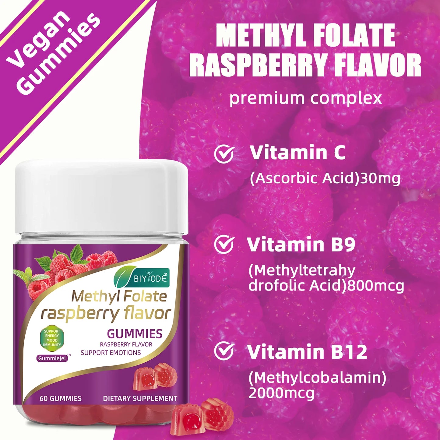 OEM ODM custom private label methyl folate multivitamin supplement raspberry flavor gummies