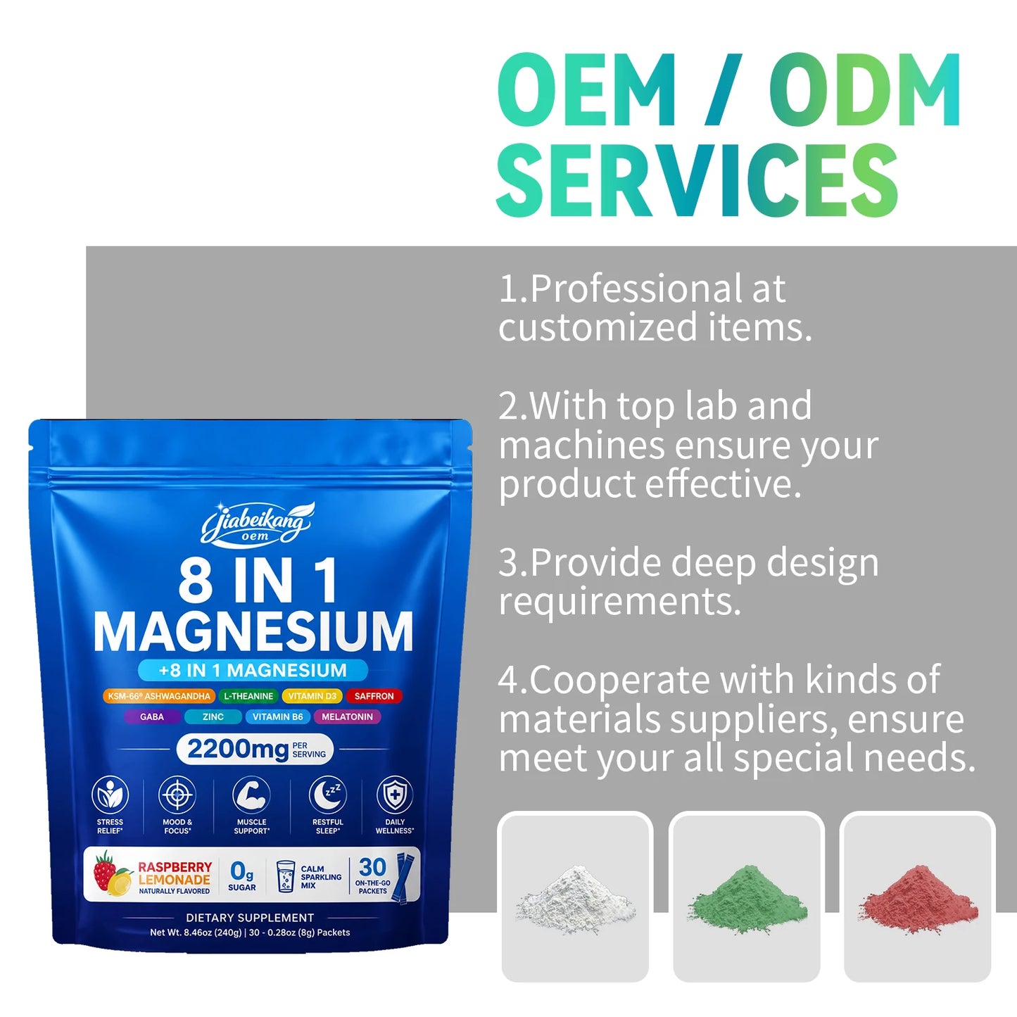 Custom Private Label 8 in 1 Magnesium Powder Drink Mix Multi Source Magnesium Complex With L Theanine Vitamin D3