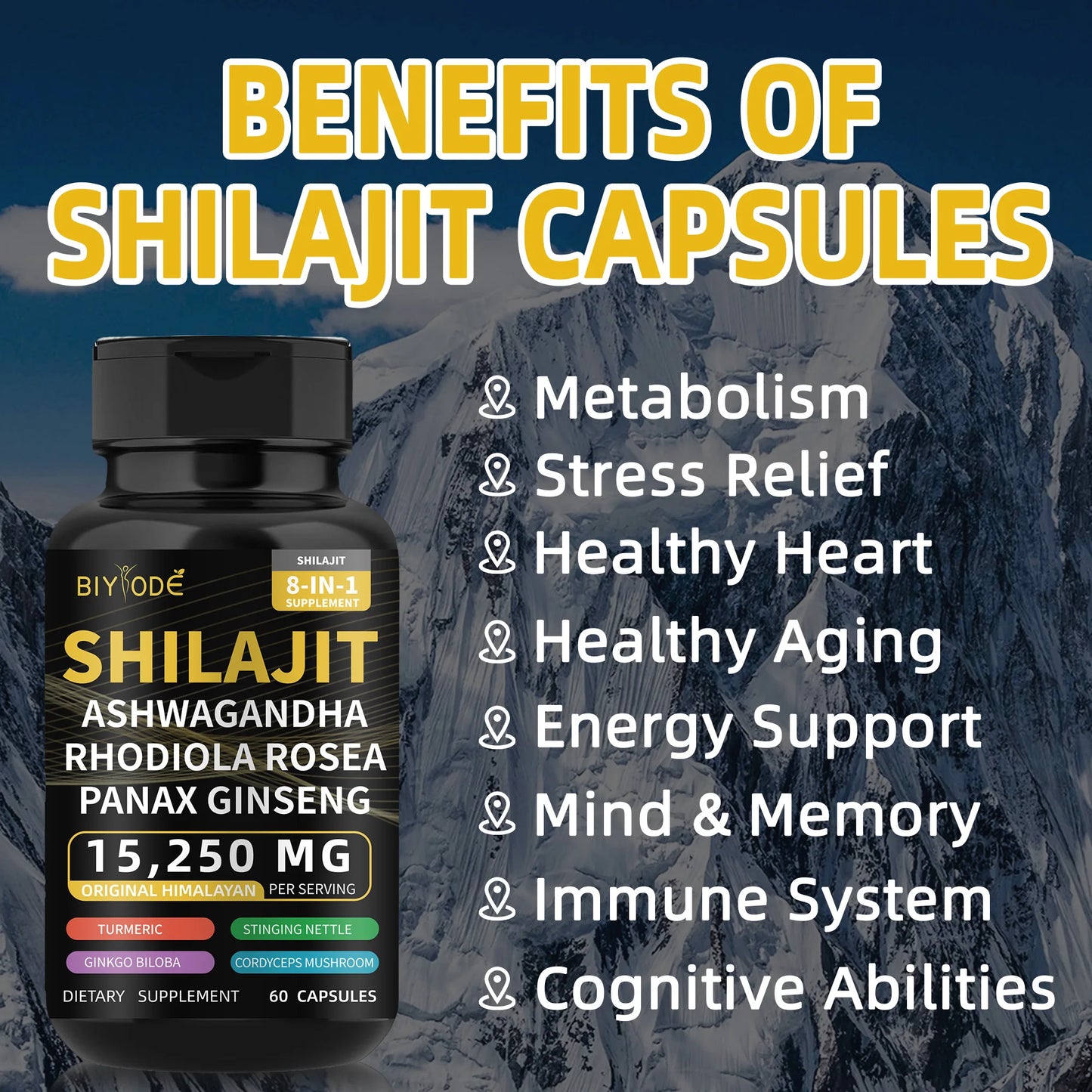 New good ready formula pure himalayan shilajit capsules with ashwagandha ginseng healthcare vitamin 8 in 1 energy supplement