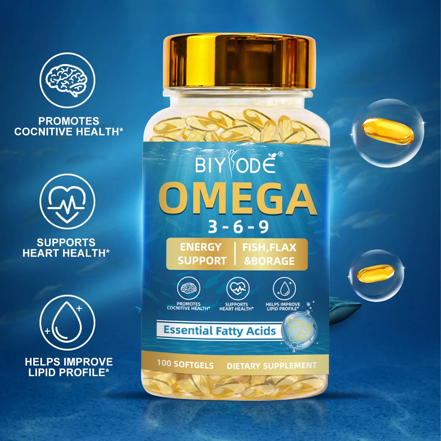 Omega 3-6-9 Softgels Fish Oil EPA DHA Essential Fatty Acid Supplement Lemon Flavor Burpless Enteric Coated 100 Capsules OEM Private Label