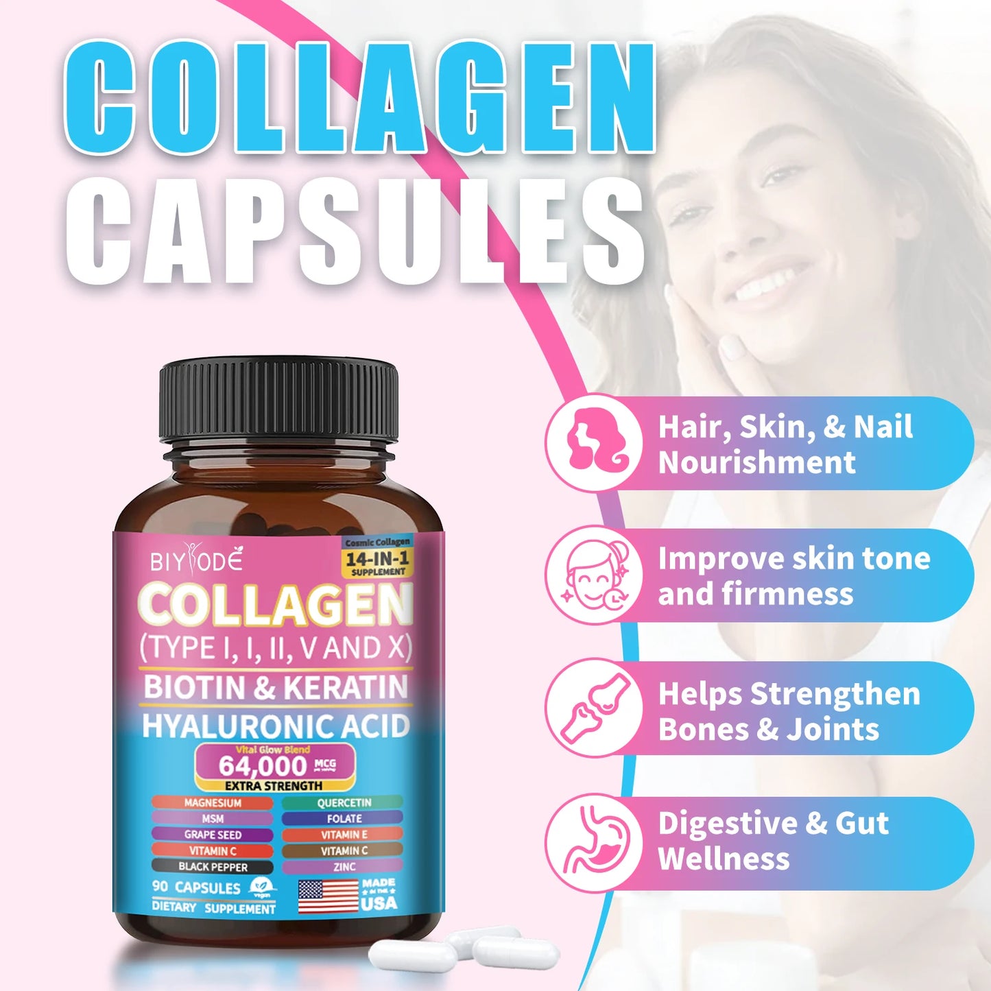 OEM ODM custom private label supplement manufacturer 14 in 1 collagen capsules