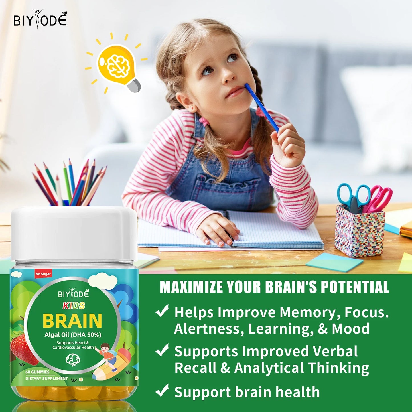 Kids nootropics brain supplement multivitamin suppplemt algal oil DHA gummies