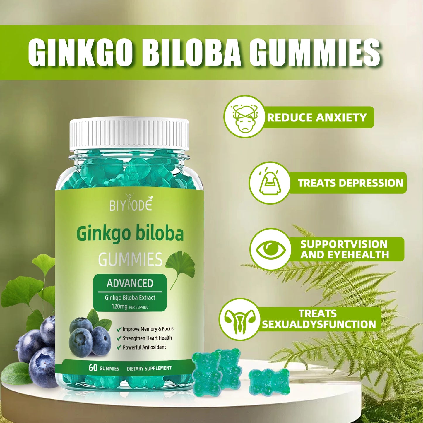 Jiabeikang Factory OEM ODM Custom Ready Stock Wholesale Herbal Supplement Memory and Focus Heart Health Ginkgo Biloba Gummies