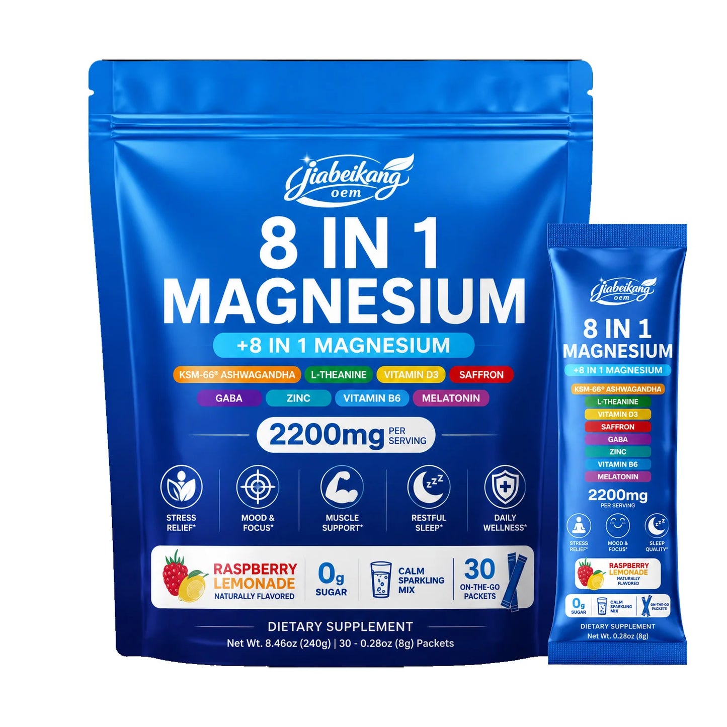 Custom Private Label 8 in 1 Magnesium Powder Drink Mix Multi Source Magnesium Complex With L Theanine Vitamin D3