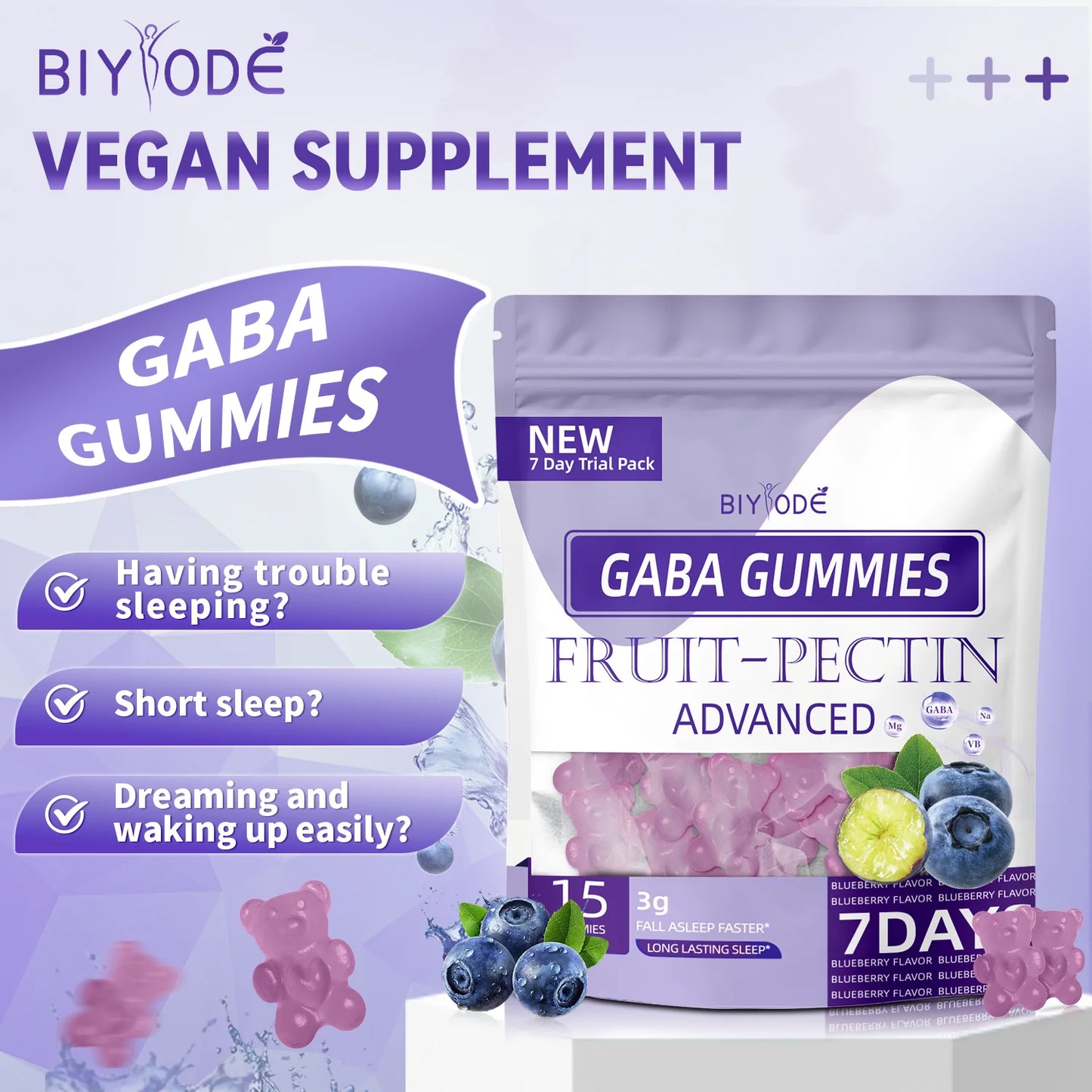 7 Day Trial Pack GABA Sleep Gummies Vegan Blueberry Flavor Travel Size Relaxation Gummies OEM Private Label