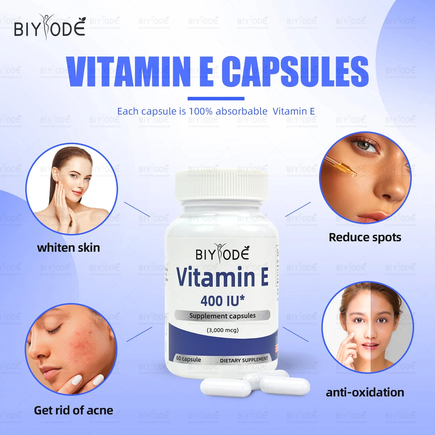 Wholesale Vitamins and Supplements Whiten Skin Get rid of acne Reduce spots Anti-oxidation Brain Heart Health Vitamin E Capsules