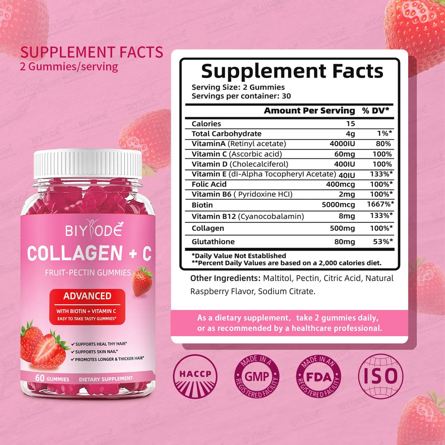 Fast shipping ready stock wholesale strawberry flovar organic multivitamins skin hair nails health  whitening collagen+c gummies